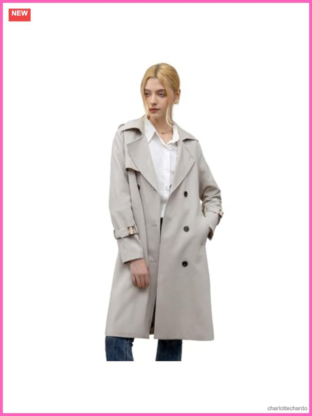 Women's Double Breasted Trench Coat with Belted Waist, Knee Length